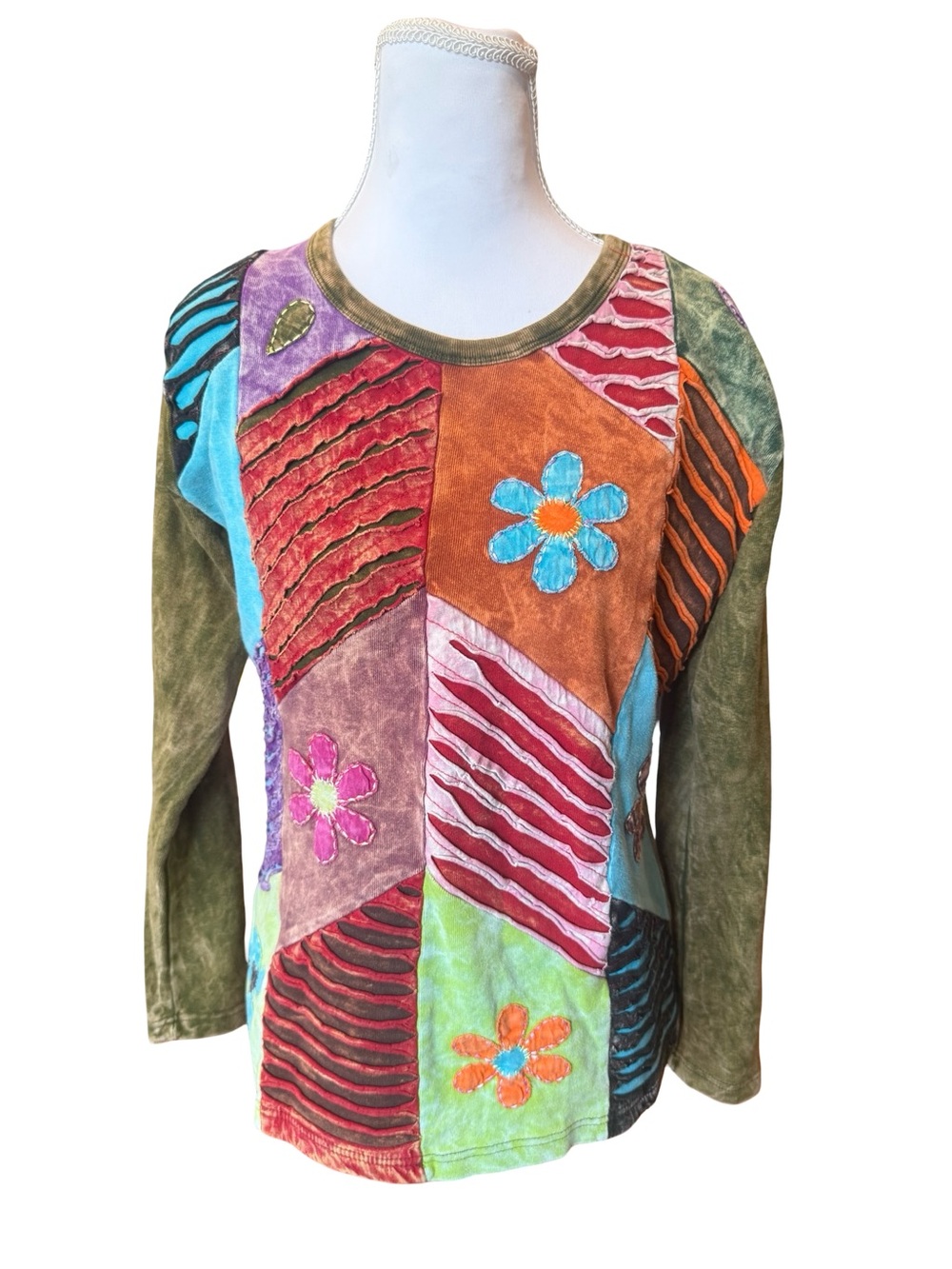 Boho Patchwork Floral Long Sleeve Top Size Large 100% Cotton Hippie Festival - Picture 5 of 6